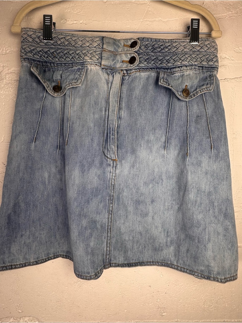 Free People Light Blue Jean Washed Denim Skater Skirt  Braided Waist Vintage 12